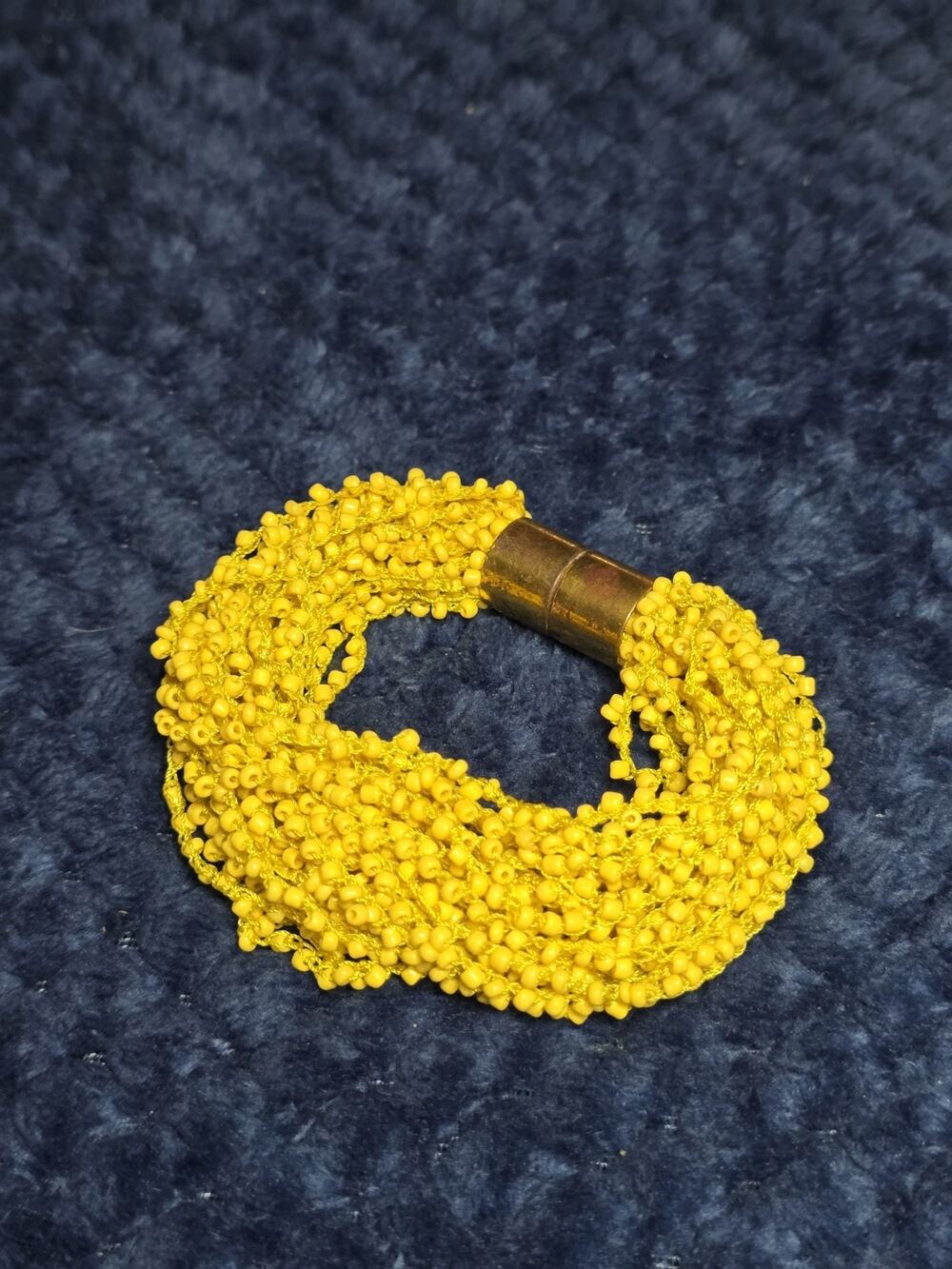Chunky Yellow Multi Strand Glass Seed Bead Cuff Bracelet Magnetic Clasp Boho
